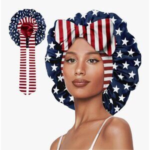 American Flag Double Layer Silk Bonnet Satin Lined Sleep Cap Red White Blue Tie